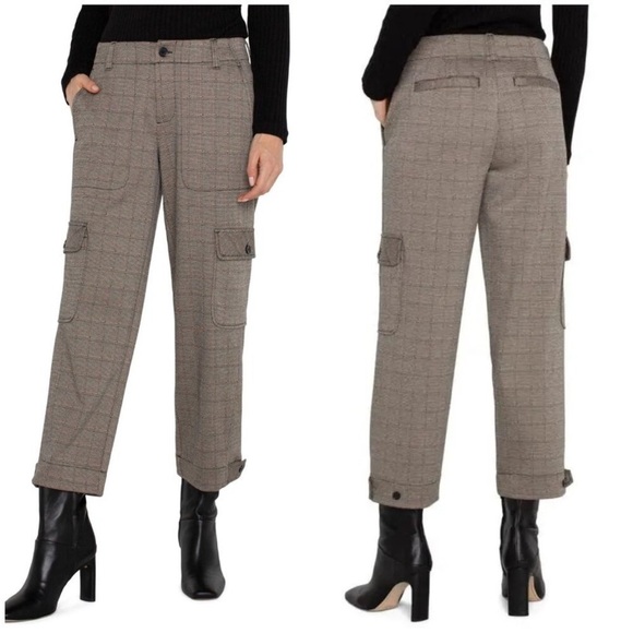 LIVERPOOL | Utility Jacquard Crop Cargo Pants | Beige & Black Plaid | Petite 10 - Picture 1 of 13